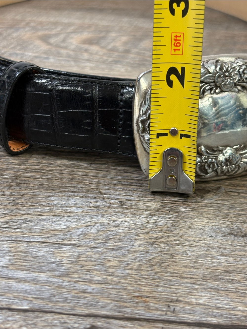 Brighton Black Croc-Embossed Leather Belt with Floral Silver-Tone Buckle Size L - Picture 7 of 8